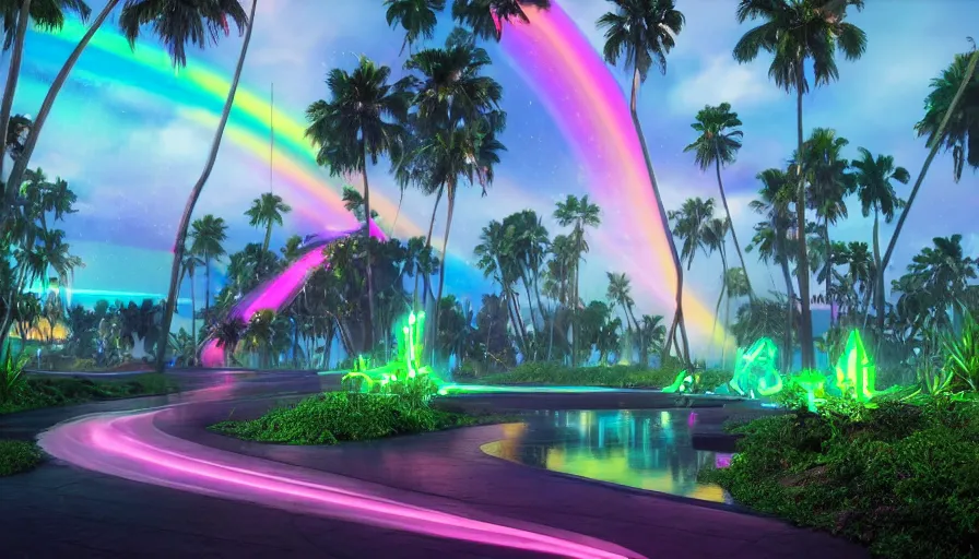 Image similar to science fiction landscape, glowing woman from the future, colorful creatures and neon green palm trees, soft rainbow in the background, shape shifting water, falling stars, deviant art, unreal engine, realistic shading, realistic render, octane render, detailed textures, photorealistic, wide shot