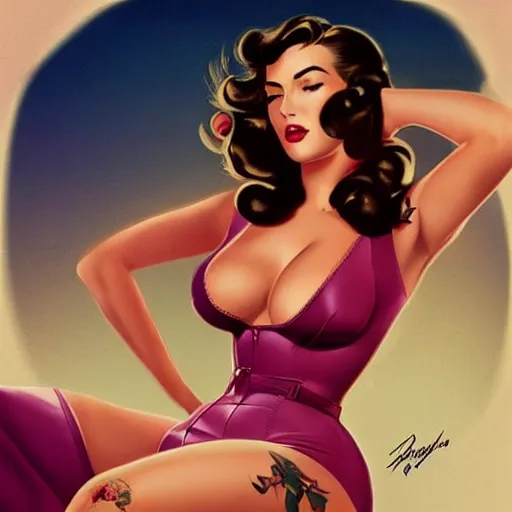 Prompt: a pinup illustration of megan fox in the style of gil elvgren and in the style of anna dittmann.