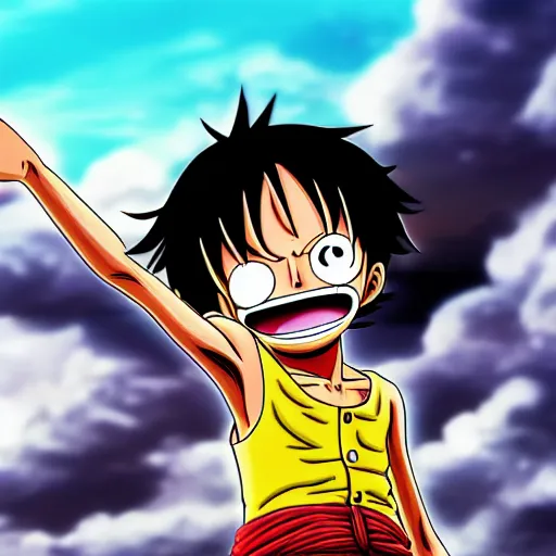 Prompt: monkey d luffy from one piece punching, perspective shot, sky background, vivid colors, thick lines, anime art style, global illumination