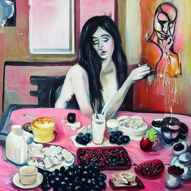 Image similar to “ sensual, a portrait in a female art student ’ s apartment, pancakes, woman drinking an iced latte from a painting, berries, art supplies, a candle dripping white wax, berry juice drips, neo - expressionism, surrealism, acrylic and spray paint and oilstick on canvas ”