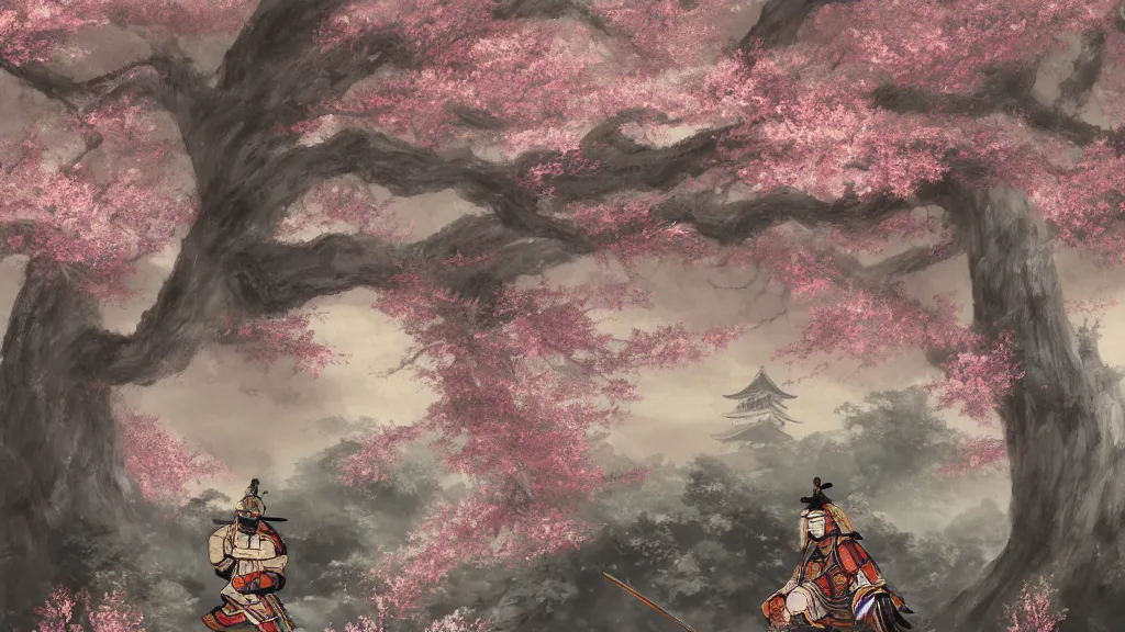 Prompt: beautiful japanese painting of an armoured samurai meditating under a blossom tree, realistic, digital painting, concept art, matte painting, cinematic night lighting, 8 k, highly detailed, detailed terrain