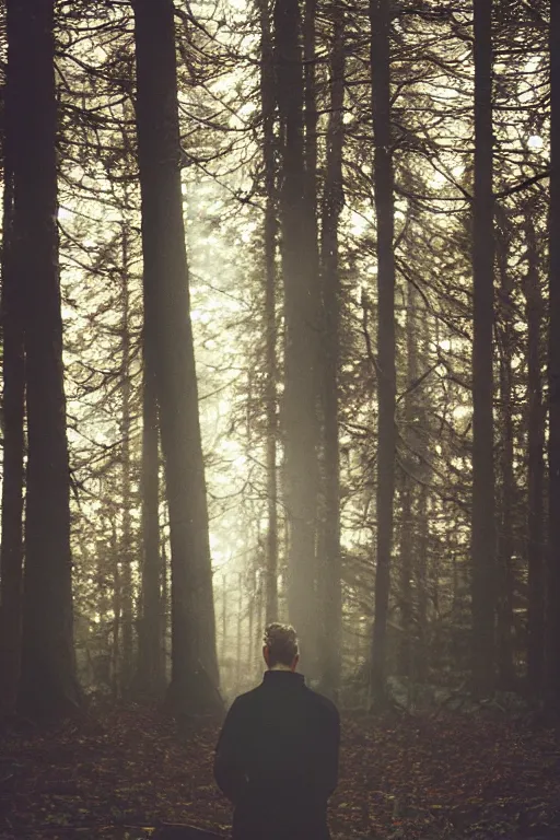 Image similar to kodak portra 4 0 0 photograph of a guy with deer antlers standing in a dark fantasy forest, back view, lens flare, moody lighting, moody vibe, telephoto, 9 0 s vibe, blurry background, grain, tranquil, calm, faded!,