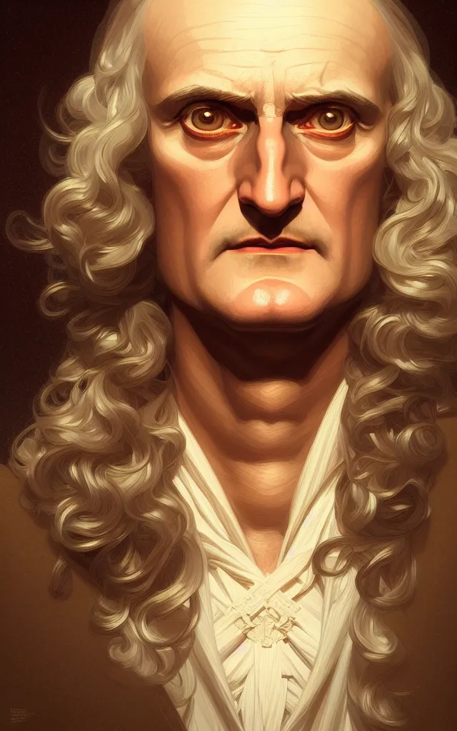 Image similar to symmetry portrait of isaac newton, studio lighting, intricate, elegant, highly detailed, digital painting, artstation, concept art, smooth, sharp focus, illustration, art by artgerm and greg rutkowski and alphonse mucha