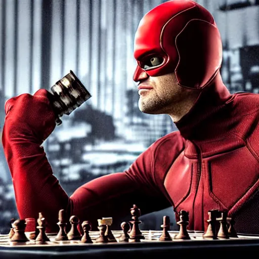 Image similar to daredevil playing chess, octane, realistic photograph, marvel