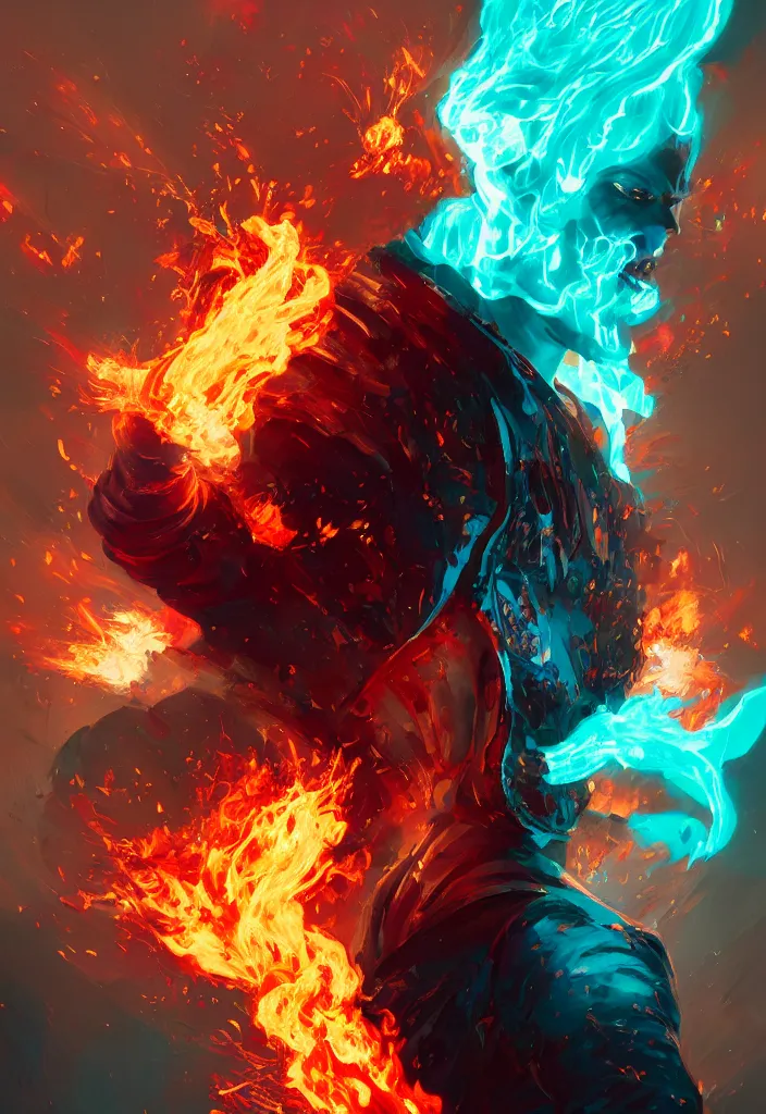 Prompt: a fancy protrait of a very mad mage engulfed in colorful flames by greg rutkowski, sung choi, mitchell mohrhauser, maciej kuciara, johnson ting, maxim verehin, peter konig, 8 k photorealistic, cinematic lighting, hd, high details,