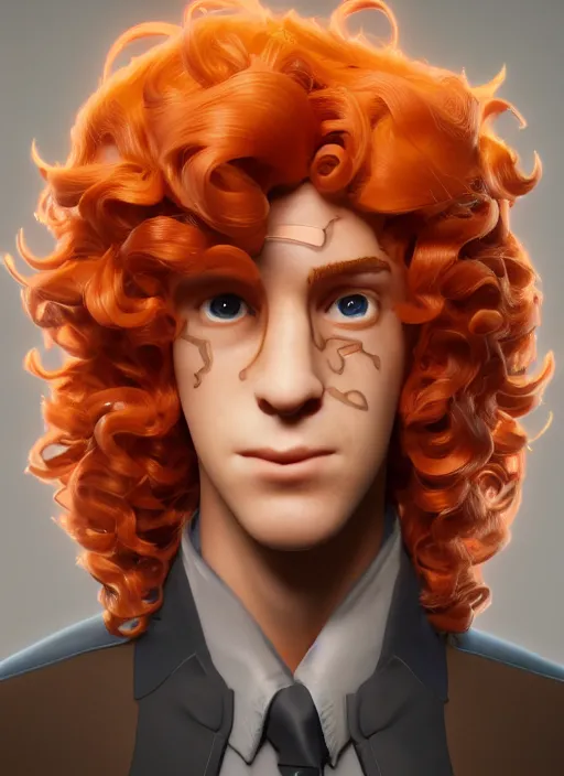 Image similar to glowwave portrait of curly orange hair man as a agent, au naturel, hyper detailed, digital art, trending in artstation, cinematic lighting, studio quality, smooth render, unreal engine 5 rendered, octane rendered, art style by pixar warner bros dreamworks disney riot games and overwatch