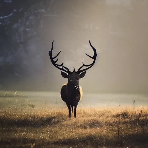 Prompt: A stag with horns on its head walks in the light