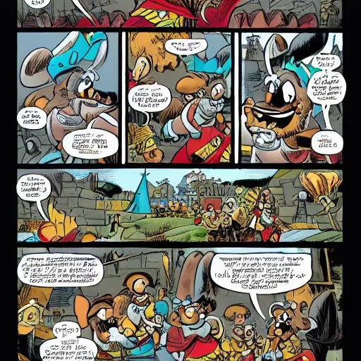 Prompt: A page from the most recent Asterix comic book