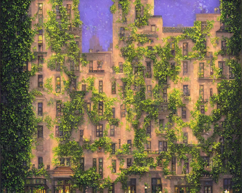 Prompt: an achingly beautiful print of a vibrant New York four seasons hotel, lit by glowing wrought-iron lanterns and overgrown with ivy, on Billionaire's Row by Raphael, Hopper, and Rene Magritte. detailed, romantic, enchanting, trending on artstation.