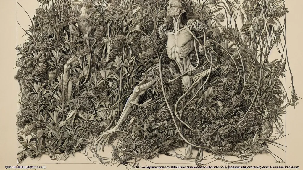 Image similar to highly detailed illustration of a single human anatomy body surrounded by all the known species of plants and flowers by juan gatti!, by moebius!, by leonardo da vinci!, by oliver vernon!