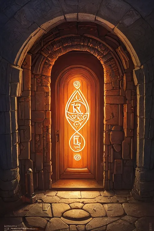 Prompt: an elaborate arched wooden door with glowing runes and a magical keystone. stone steps lead up to the door. by mike allred and moebius and karol bak sharp digital painting. dreaming latent space. matte painting, concept art. artstation. digital render. realistic, 8 k