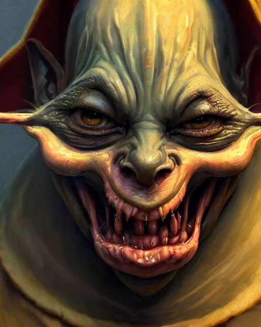 Image similar to closeup profile face portrait of a medieval goblin eating cakes in the cloisters, beautiful face, hyper realistic, highly detailed, digital painting, artstation, illustration, concept art by hyung tae, frank frazetta, bosch, giger, digital paint, matte paint, washed colors, dark, gloomy