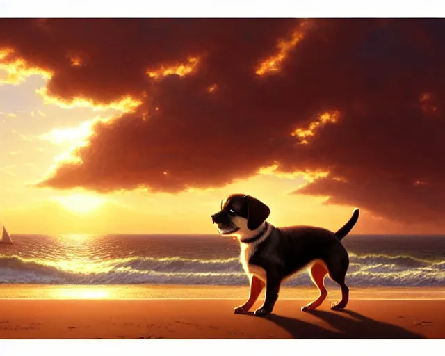 Image similar to a cute smiling puppy with its eyes shut on a very windy day, at the sea, wind blowing through the dogs fur, strong wind, closed eyes, highly detailed, hyperrealistic, intricate, sunset in the background, rays of golden red sunlight, oil painting by greg rutkowski and artgerm and wlop