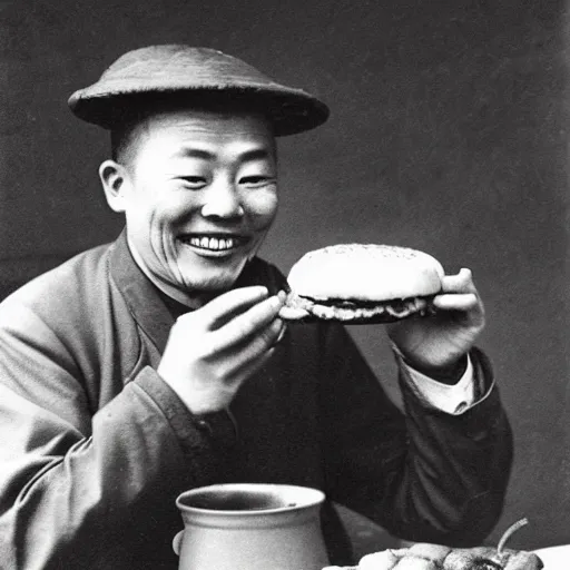 Image similar to a photo of a happy man from qing empire holding and eating a hamburger, award winning photo, high quality, 1 9 century photo, black and white