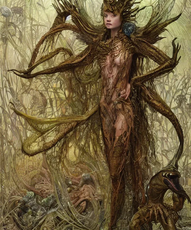 Prompt: a portrait photograph of a fierce sadie sink as an alien harpy queen with slimy amphibian skin. she is trying on a corrupted bulbous flowing slimy organic membrane parasite dress and transforming into an insectoid amphibian. by donato giancola, walton ford, ernst haeckel, brian froud, hr giger. 8 k, cgsociety