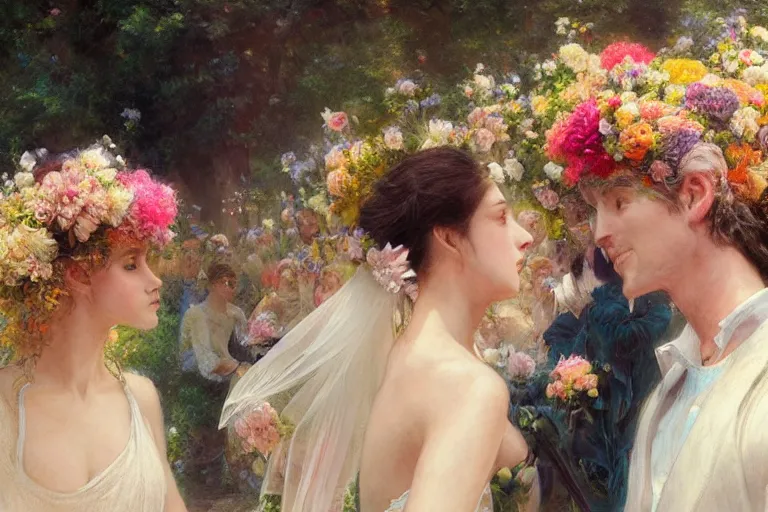 Image similar to the groom look at the bride at a wedding full of flowers, bright and happy, dreamlike art, highly detail, 4 k realistic, wedding photoy krenz cushart, artem demura, yoji shinkawa artgerm, jon lothian, danilo torres. adi meyers. thomas reimann. gaston bussiere.