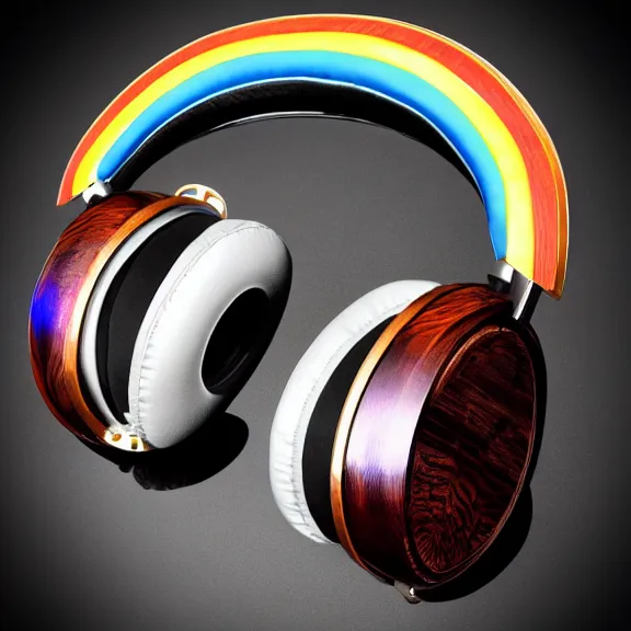 Image similar to masterpiece photo of beautiful hand crafted artistic detailed transparent headphones, bismuth rainbow metal, electronics see through, plush leather pads, displayed on mahogany desk, modernist headphones, bismuth beautiful well designed, hyperrealistic, audiophile, intricate hyper detail, extreme high quality, photographic, audeze, sennheiser, raal, bang olufsen, abyssal