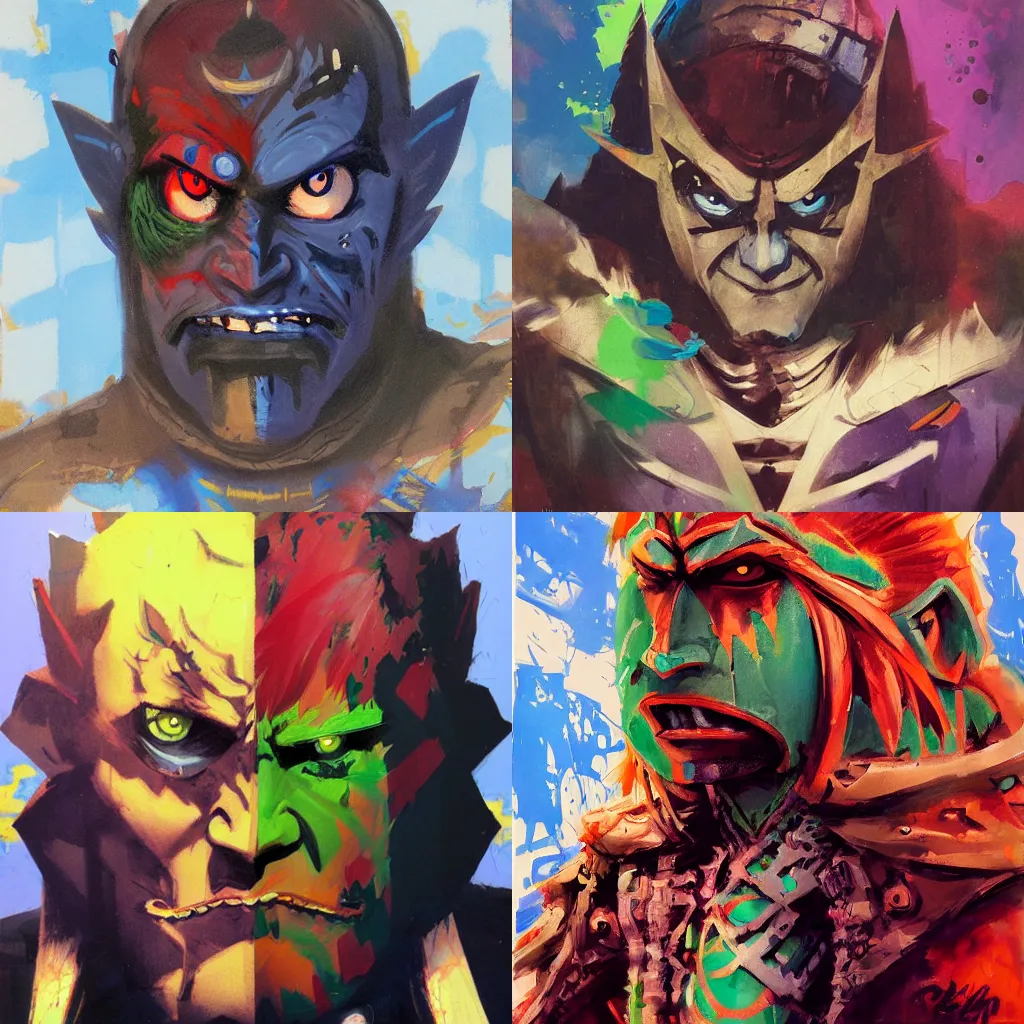 Prompt: Creepy colorful portrait of Ganondorf (The Legend of Zelda) by John Berkey, straight-on view