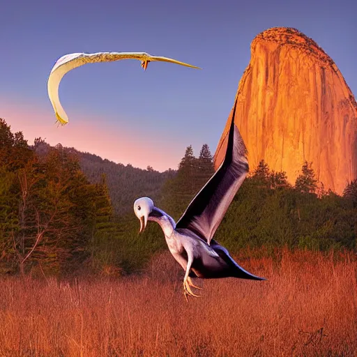 Image similar to pterodactyl and el capitan, photograph, ultra realistic, high definition, sunset lighting, award winning