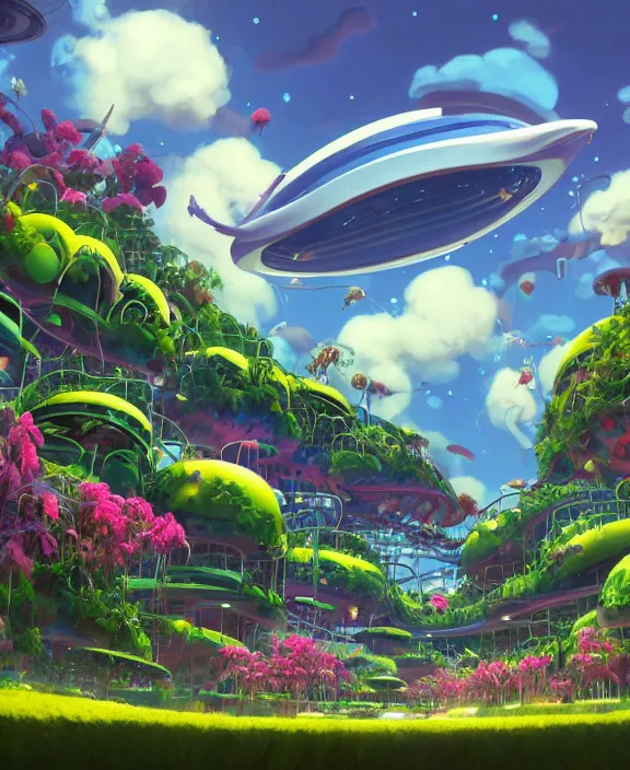 Image similar to simplicity, an amusement park made out of sleek fat asymmetrical organic creatures, in the style of an aerodynamic blobby spaceship, overgrown with orchids, partly cloudy, sun - drenched, dramatic lighting, by dan mumford, yusuke murata, makoto shinkai, ross tran, cinematic, unreal engine, cel shaded, featured on artstation, pixiv