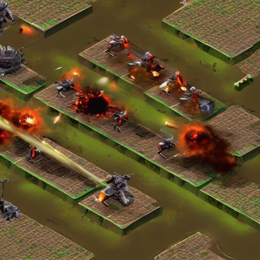 Prompt: warzone, explosions, soldiers, isometric view, videogame