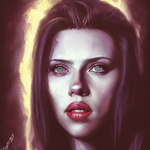 Image similar to portrait of scarlett johansson as a demon woman, colourised, face portrait, epic, tragic, military art, fantasy, dieselpunk, hd shot, digital portrait, beautiful, artstation, comic style, by artgerm, guy denning, jakub rozalski, magali villeneuve and charlie bowater