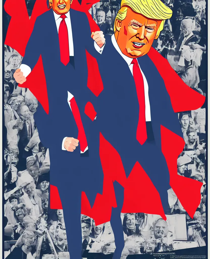 Image similar to a poster of donald trump in a superman with creepy joe biden costume by joe mangrum, trending on deviantart, futurism, movie poster, poster art, 3 2 k uhd, american propaganda, futurism, toyism