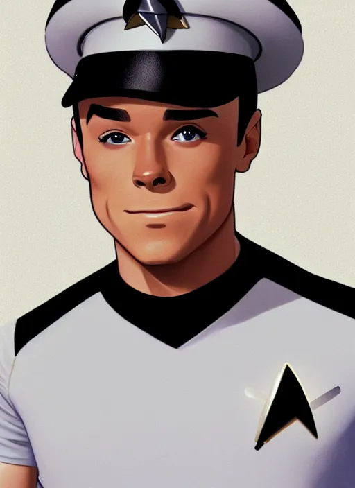 Image similar to cute star trek officer tom daley, natural lighting, path traced, highly detailed, high quality, digital painting, by don bluth and ross tran and studio ghibli and alphonse mucha, artgerm