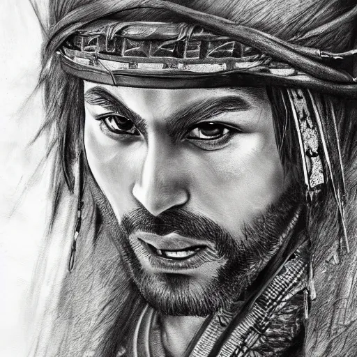 Prompt: Kurdish samurai, extremely detailed charcoal sketch, realistic, incredibly detailed, award winning art, cinematic, extremely high detail, concept art, 4k fantasy art, trending on artstation, full body shot