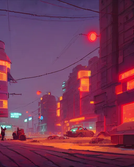 Image similar to painting of cyberpunk soviet village, detailed, by simon stalenhag, cory loftis, james gilleard, atey ghailan, makoto shinkai, goro fujita, studio ghibli, rim light, exquisite lighting, clear focus, very coherent, plain background, soft painting