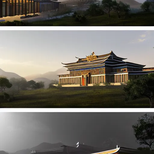 Prompt: modern house inspired by tibetan palace, built like a stadium with atrium in the middle, on a hill surrounded by big trees, dramatic lighting, artstation, realistic rendering, unreal engine, octane render, raphael lacoste, simon stalenhag, frank lloyd wright, helicopter view