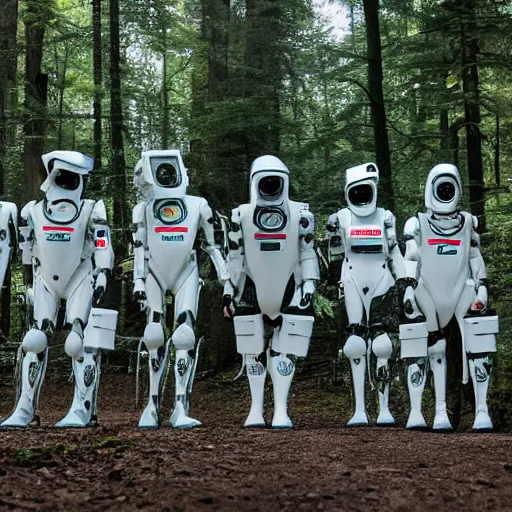 Prompt: a squad of space scouts and a tall robot wearing camo uniforms with white armor and helmets exploring a forest planet