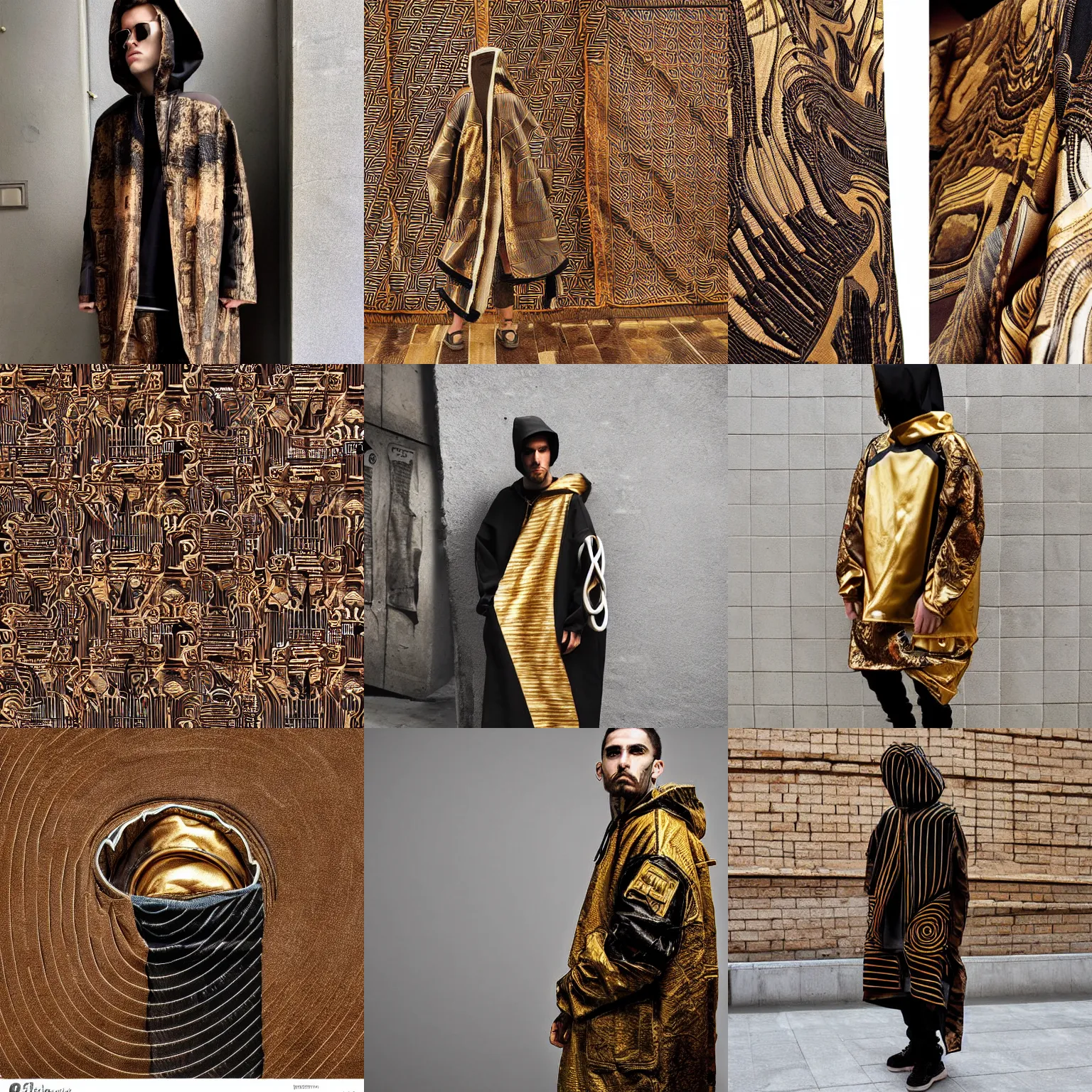 Prompt: streetwear cyberpunk cloak baggy wavy textile design greek pottery gold brown black lines intricate model photograph hdr