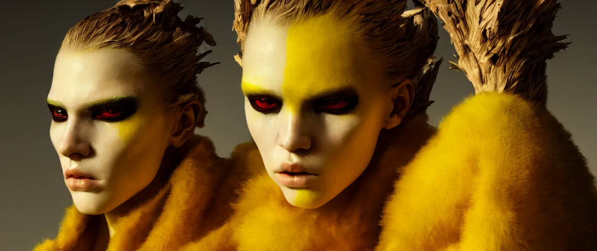 Image similar to hyperrealist highly detailed neo-baroque portrait of high fashion warrior concept art pascal blanche dramatic yellow lighting 8k wide angle shallow depth of field