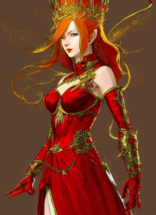 Image similar to Full body portrait of a beautiful red haired elven queen wearing red, green and gold ceremonial queen dress and elaborate golden crown. In style of Yoji Shinkawa and Hyung-tae Kim, trending on ArtStation, dark fantasy, great composition, concept art, highly detailed.