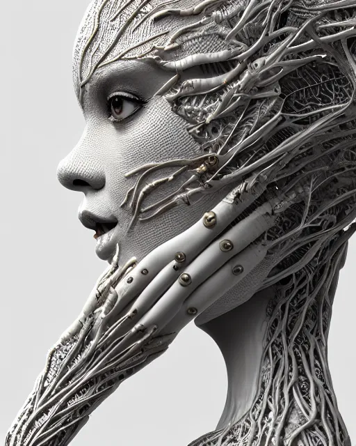 Image similar to close - up profile face, complex 3 d render of a beautiful porcelain vegetal dragon cyborg young female, 1 5 0 mm, beautiful natural soft rim light, silver gold details, magnolia leaves and stems, roots, fine lace, mandelbot fractal, elegant, ultra detailed, white metallic armour, octane render, black and white, h. r. giger style