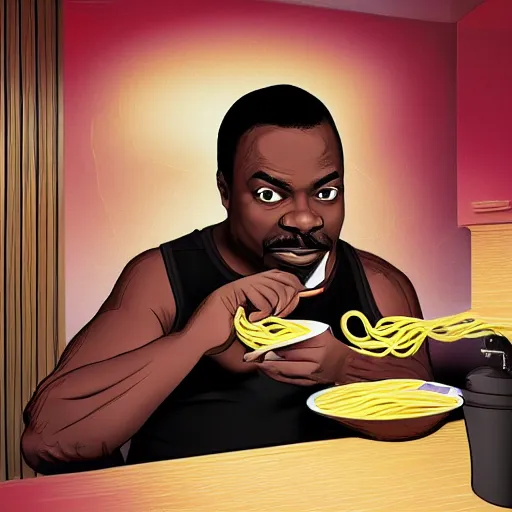 Prompt: levar burton eating spaghetti in a bathroom, ultra realistic, digital art, rich deep colors, smooth shadows, high resolution, cinematic