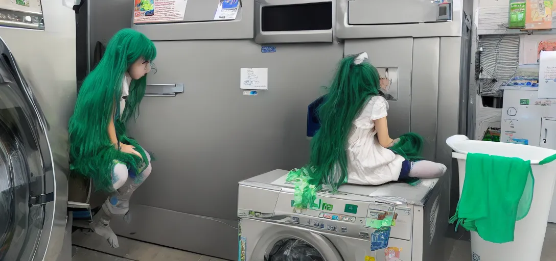 Image similar to a girl with green hair sitting on top of a washing machine inside of a laundromat by Hayao Miyazaki