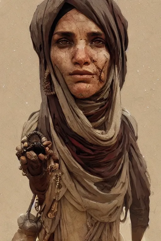 Prompt: a full body portrait of a beautiful post apocalyptic offworld desert bedouin blind beggar by the road, intricate, elegant, highly detailed, digital painting, artstation, concept art, smooth, sharp focus, illustration, art by krenz cushart and artem demura and alphonse mucha