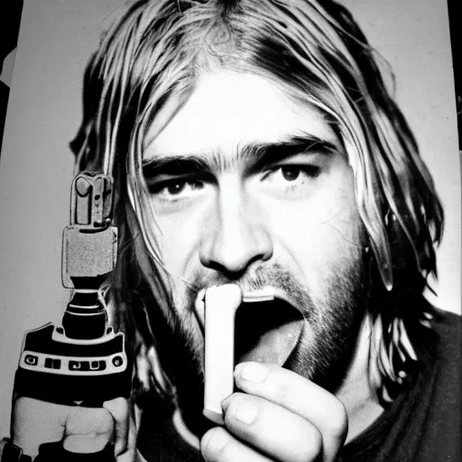 Image similar to old fat kurt cobain advertising gun front page