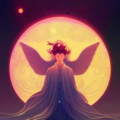 Prompt: an highly detailed illustration of an angel of the moon light, in the heavens by victo ngai, peter mohrbacher digital art saturated colors