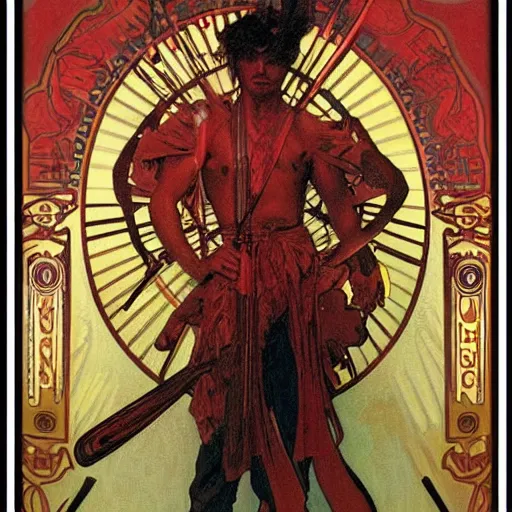 Prompt: red nunchaku warrior by alphonse mucha