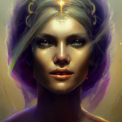 Prompt: a beautiful portrait of a cosmic goddess by Greg Rutkowski and Jim Burns, Trending on Artstation, nebula background