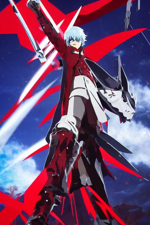 Image similar to Dante of Devil May cry in the stye of Kill la Kill(2013),Gurren Lagann,SSSS.GRIDMAN,full length, exquisite detail, post-processing, masterpiece, volumetric lighting, cinematic, hypermaximalistic, high details, cinematic, 8k resolution, beautiful detailed, insanely intricate details