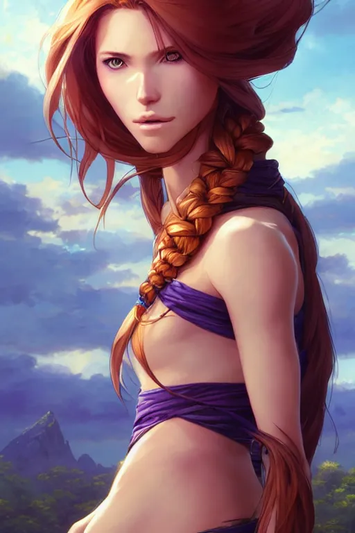 Image similar to long ginger hair, tanned woman in a prehistoric outfit, green eyes, by artgerm, hair tied in a ponytail, white backdrop, soft lighting, blue and purple colors, by greg rutkowski makoto shinkai takashi takeuchi