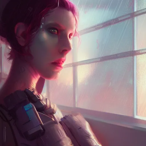 Image similar to portrait of cyberpunk woman looking out of a window, cyberpunk setting, futuristic, highly detailed, intricate lighting, digital painting, sharp focus, illustration, trending on artstation, art by charlie bowater.