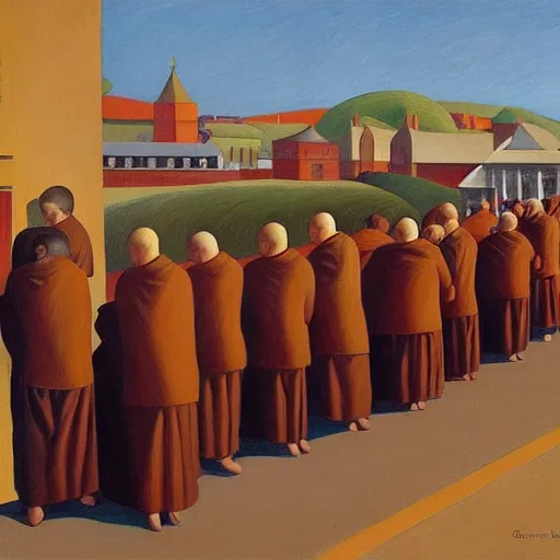 Prompt: monks queue up for ice cream, grant wood, pj crook, edward hopper, oil on canvas