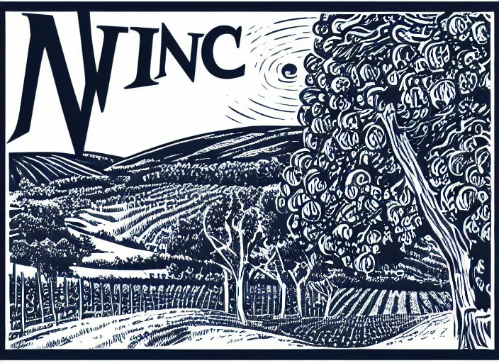 Image similar to wine label, vector graphic, linocut vineyard landscape by greg rutkowski, fine details, highly detailed