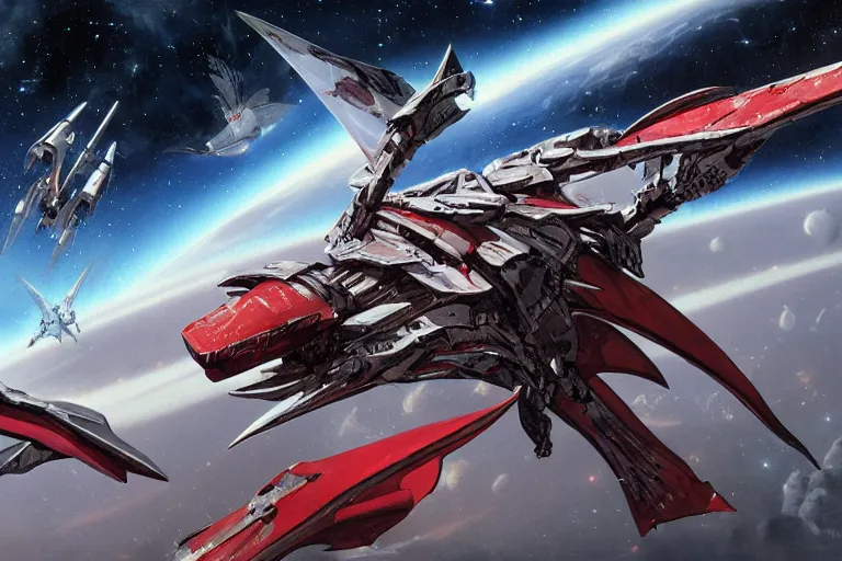 Image similar to gnostic space nebula framing a pteranodon mecha interceptor, small against the backdrop of space, white john berkey armor panels, wine-red and grey trim, robotech styling, with white Kanji markings outlined in black, boeing concept art painting, cinematic lighting, amazing lifelike cinematic photo render