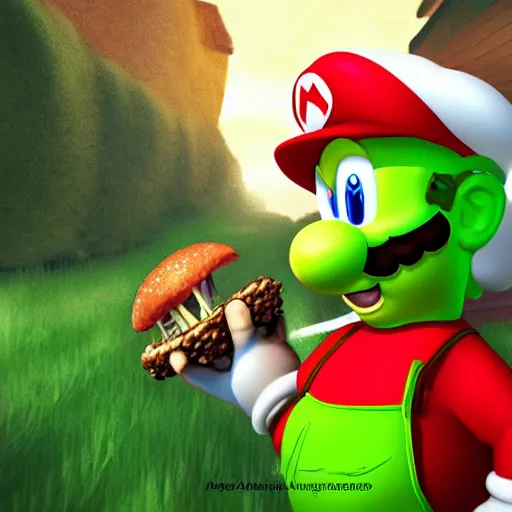 Image similar to Mario eating green mushroom, award winning, trending on artstation, unreal engine